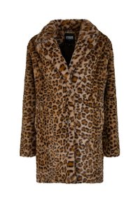 Pelsjakke med leopardmønster i faux fur, med sjalkrage, lange ermer og dobbelte knapper. Myk tekstur og oversized design.