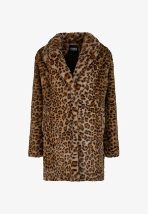 Leopardprint nepbontjas met een sjawlboord, lange mouwen en dubbele knoopsluiting. Zachte textuur en oversized ontwerp.