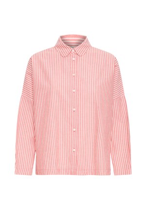 Chemise rose à rayures avec boutons, col et manches longues. Le tissu semble léger avec des rayures blanches verticales.
