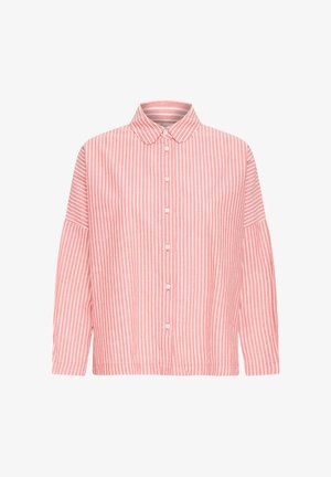 Roosa triibuline nööbitav särk kraega ja pikkade varrukatega. Kanga tekstuur näib kerge ning vertikaalsete valgete triipudega.