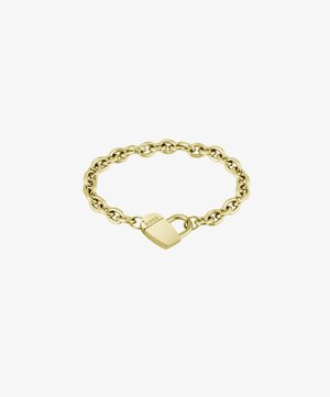 Bracciale a catena color oro caratterizzato da anelli ovali, chiusura a lucchetto a forma di cuore con logo inciso, superficie liscia e finitura lucida.