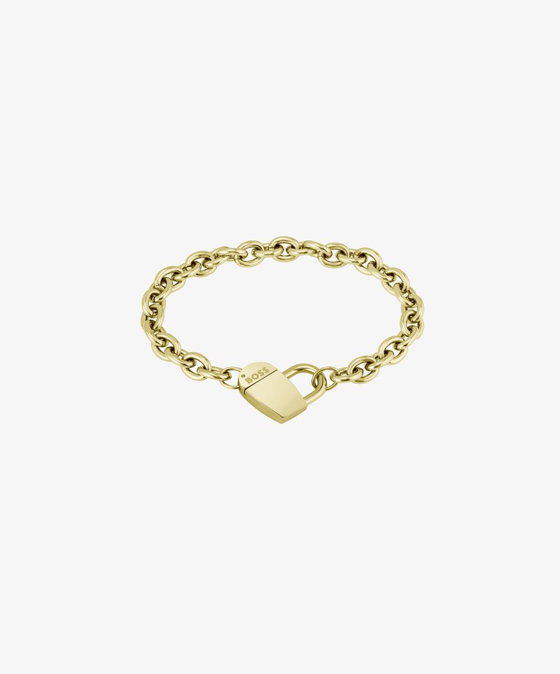 Bracciale a catena color oro caratterizzato da anelli ovali, chiusura a lucchetto a forma di cuore con logo inciso, superficie liscia e finitura lucida.
