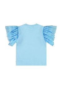 Ljusblå t-shirt med korta, volangade, genomskinliga ärmar. Enkel rund halsringning och slät struktur, främst i en solid färg.