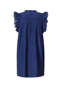 Dunkelblaues Kleid mit kurzen Rüschärmeln, gerafftem Einsatz und einer lockeren, geraden Silhouette. Leichter Stoff mit strukturierter Oberfläche.