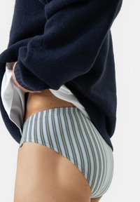 Person, der einen marineblauen Pullover anhebt und gestreifte, hochgeschnittene Unterwäsche in blassen Blau- und Grautönen auf heller Haut zeigt.