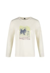 Roomkleurig shirt met lange mouwen en een afbeelding van een handtas versierd met een zwarte strik en de tekst "SHORT STORIES" aan de voorkant.