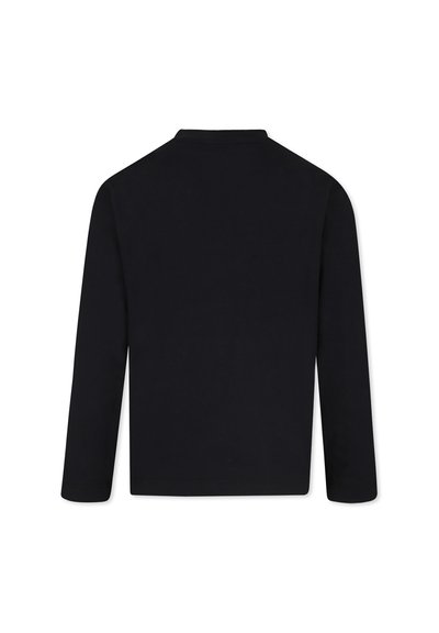 T-shirt a maniche lunghe in cotone nero con un semplice scollo rotondo e una texture liscia, senza pattern o hardware visibile.