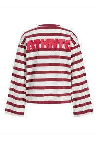 Gestreepte wit en bordeaux rode longsleeve shirt met het "ATHNTC" logo op de achterkant en "KEEP IT REAL" eronder.
