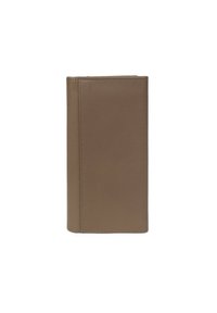 Portafoglio in pelle marrone con una finitura texturizzata, caratterizzato da un dettagli di cucitura verticale e una forma rettangolare slim. Nessun hardware o motivo visibile.