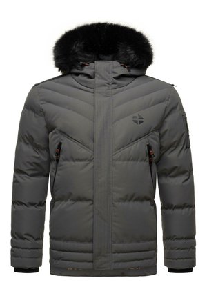 Gray insulated jacket with a faux fur-lined hood, zippered pockets, quilted pattern, and logo detail on the chest.