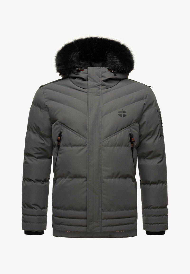 Pilkas izoliuotas džemperis su dirbtinio kailio pamušalu ant kapšelio, užtrauktuko kišenėmis, siuvinėjimu ir logotipo detale ant krūtinės.