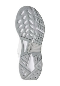 Weiße Sneaker-Sohle mit strukturiertem grauem Gummi, ausgestattet mit einem Profilmuster für besseren Halt und einer markierten grauen Zwischensohle zur Unterstützung.