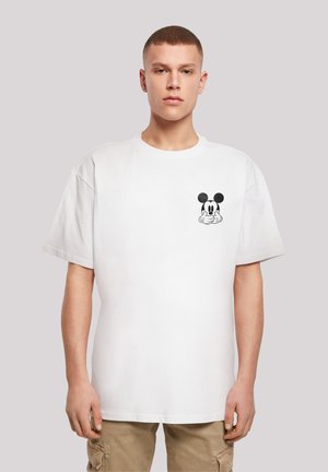 White cotton t-shirt featuring a black graphic of a cartoon character on the left chest. Short sleeves and crew neckline.