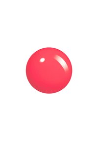 Palla rotonda lucida, di un vibrante colore corallo, con una superficie liscia e riflettente, con un punto luce, su uno sfondo bianco semplice.