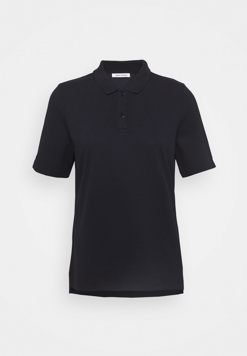 Polo noir à manches courtes avec col et patte à deux boutons, présenté sur un fond blanc uni.