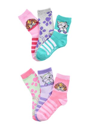 Six colorful children's socks with cartoon dog and cat faces, paw prints, and striped patterns in pink, purple, teal, gray, and green.