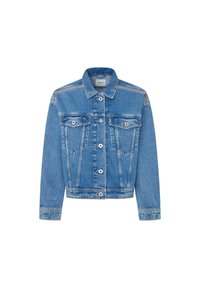 Denim jakna u svijetloplavoj boji s klasičnom ovratnikom, dva džepa na prsima, prednjim zatvaranjem na dugmad i kontrastnim šavovima.