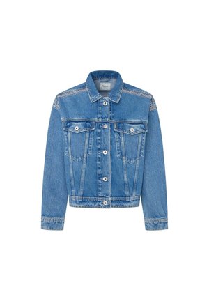 Lysblå denimjakke med klassisk krave, to brystlommer, knaplukning foran og kontrasterende syninger.