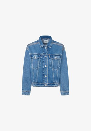 Lysblå denimjakke med klassisk krave, to brystlommer, knaplukning foran og kontrasterende syninger.