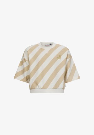 Felpa oversize tagliata, con strisce diagonali beige e bianche. Presenta un collo a giro e un logo ricamato in oro. Composizione in morbido misto cotone.