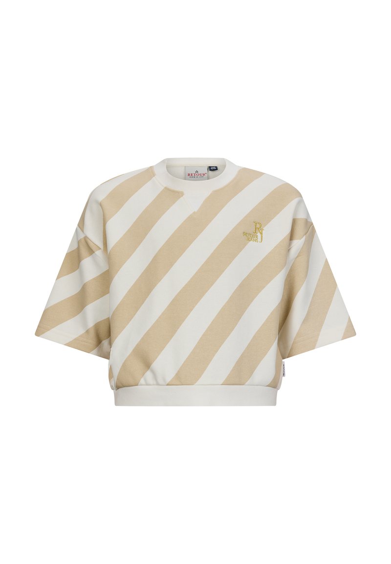 Felpa oversize tagliata, con strisce diagonali beige e bianche. Presenta un collo a giro e un logo ricamato in oro. Composizione in morbido misto cotone.