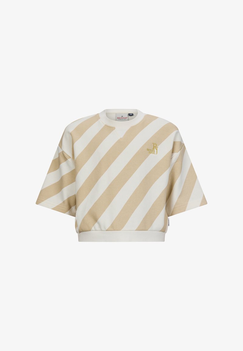 Felpa oversize tagliata, con strisce diagonali beige e bianche. Presenta un collo a giro e un logo ricamato in oro. Composizione in morbido misto cotone.