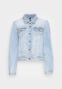 Světle modrá džínová bunda s knopkovým zapínáním, dvěma náprsními kapsami a květinovými korálkovými ozdobami na límci a klapkách kapes.