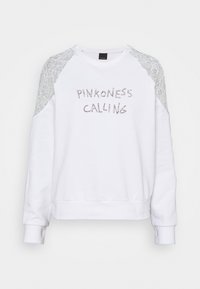 Vit sweatshirt med spetsdetaljer på axlarna. Utrustad med texten "PINKNESS CALLING" i paljetter. Ribbad nederkant och ärmslut, rund halsringning.