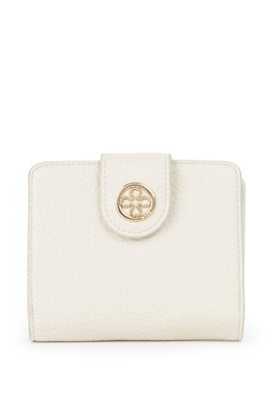 White textured leather wallet with a gold circular floral clasp on a front strap closure, displayed against a plain background.