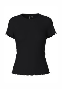 T-shirt noir à manches courtes fabriqué en tissu côtelé. Il présente un col rond et un ourlet festonné le long des manches et du bas.
