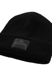 Zwarte gebreide beanie met een opgevouwen rand, gekenmerkt door een textuur patroon en een glanzend zwart logo-opdruk aan de voorkant.