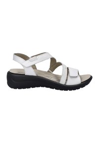 Białe sandały z regulowanymi rzepami, otwarty design na palce, wyściełana podeszwa oraz czarna gumowa podeszwa zapewniająca lepszą przyczepność.