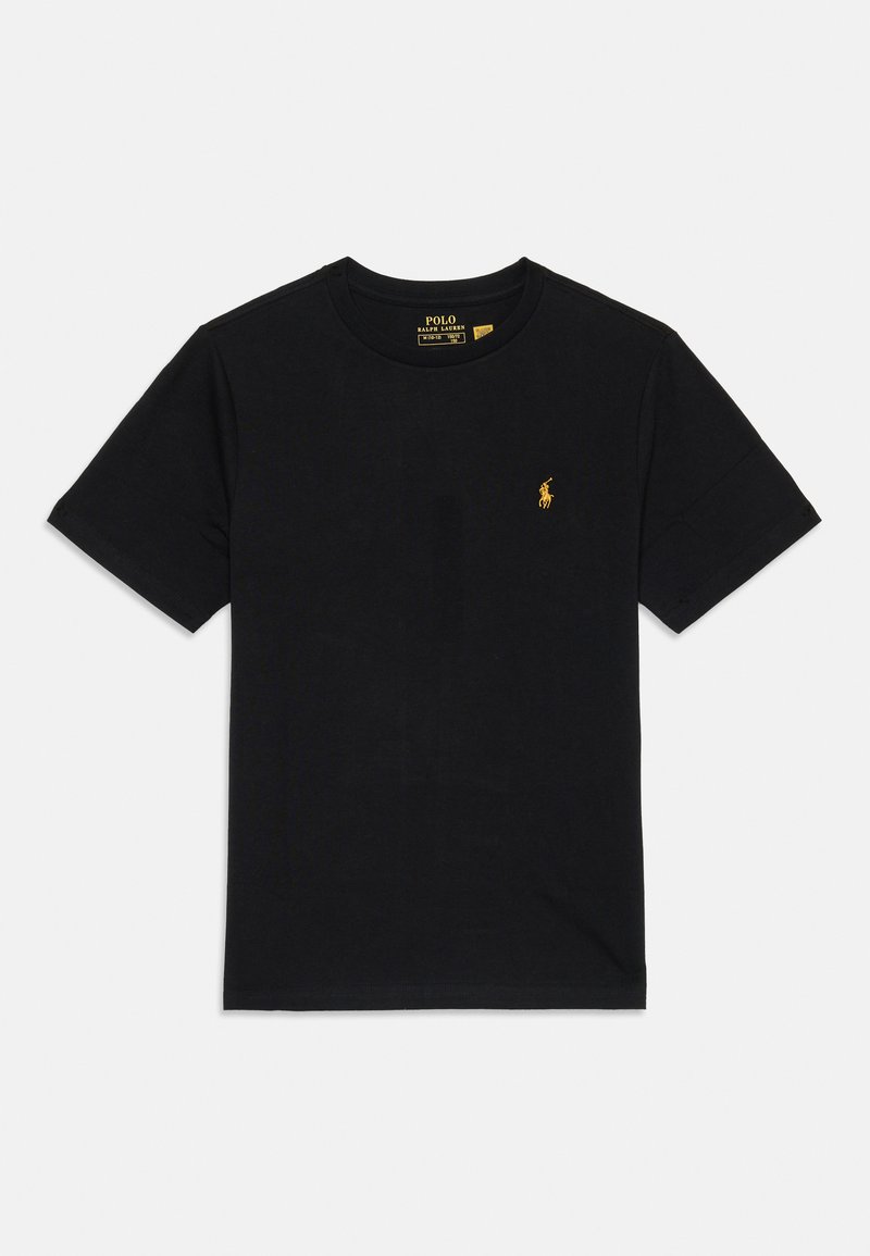 T-shirt noir à manches courtes et col rond avec un petit logo de joueur de polo Ralph Lauren jaune sur la poitrine gauche.
