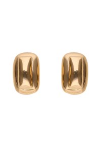 Goldfarbene Metall-Stud-Ohrringe mit einer glatten, abgerundeten rechteckigen Form und dezenten Rillendetails auf der Oberfläche.