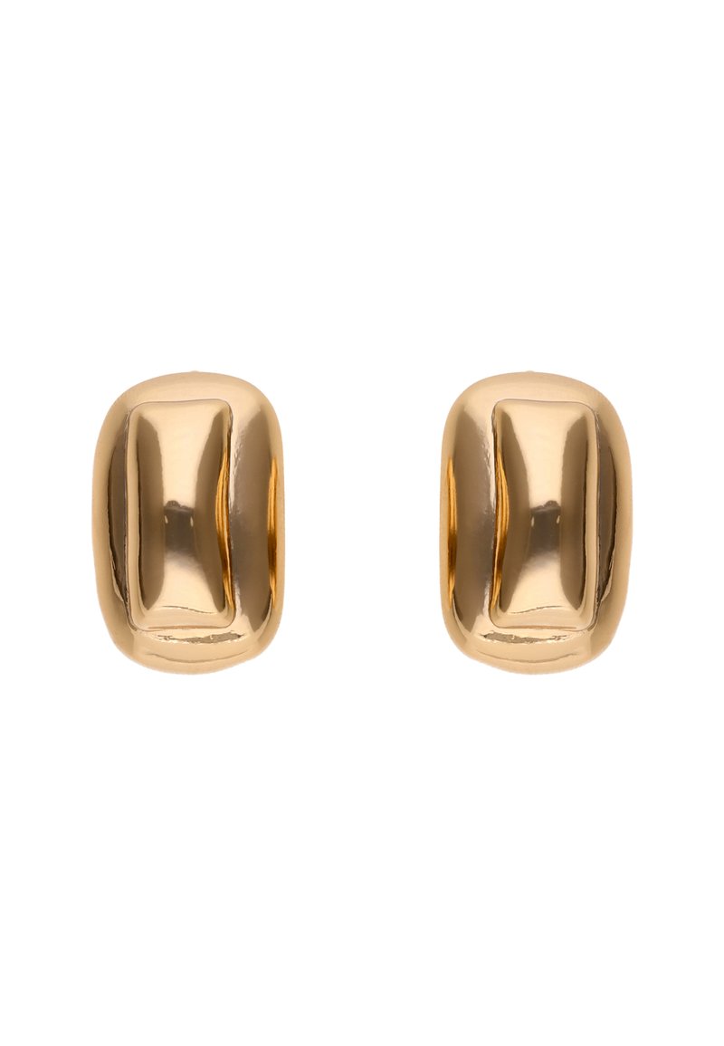 Goldfarbene Metall-Stud-Ohrringe mit einer glatten, abgerundeten rechteckigen Form und dezenten Rillendetails auf der Oberfläche.