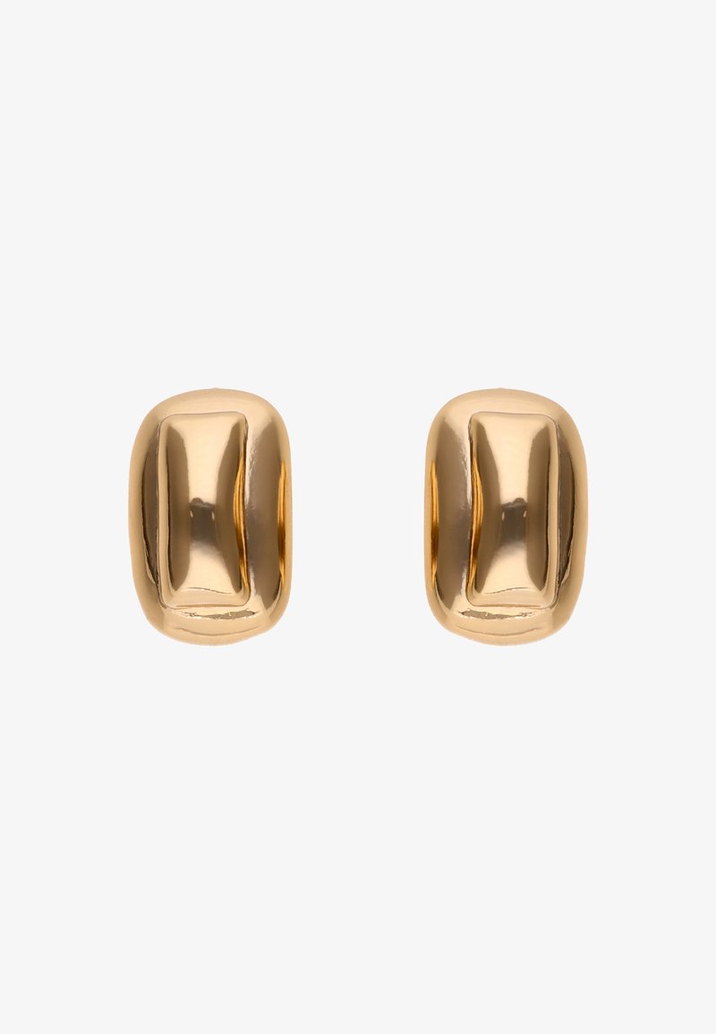 Goldfarbene Metall-Stud-Ohrringe mit einer glatten, abgerundeten rechteckigen Form und dezenten Rillendetails auf der Oberfläche.