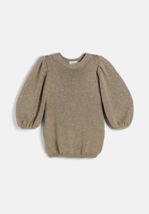 Beżowy sweter dziany z bufiastymi długimi rękawami oraz ściągaczami na rękawach, dekolcie i dole, ułożony na płasko na białym tle.