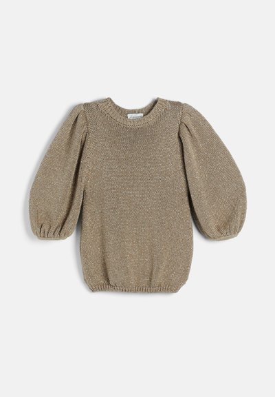 Pull en maille beige avec manches longues bouffantes et poignets, encolure et bas côtelés, posé à plat sur un fond blanc.