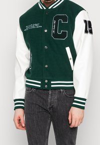 Giacca varsity verde con maniche bianche, bottoni a pressione metallici e dettagli ricamati. Presenta polsini e fascia inferiore a righe; design casual.