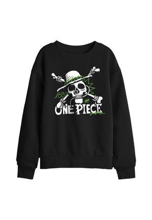 Black sweatshirt with a white skull wearing a straw hat over crossed bones and "One Piece" text with green accent lines.