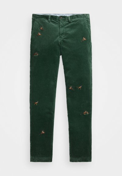 Green corduroy pants with a straight leg design, featuring embroidered birds in varied colors and a standard waistband with a front button.