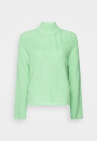 Mintgrüner Strickpullover mit hohem Kragen, langen Ärmeln und lockerer Passform. Strukturmaterial, gerippte Details am Körper und den Ärmeln.