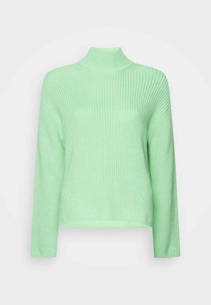 Mintgrüner Strickpullover mit hohem Kragen, langen Ärmeln und lockerer Passform. Strukturmaterial, gerippte Details am Körper und den Ärmeln.