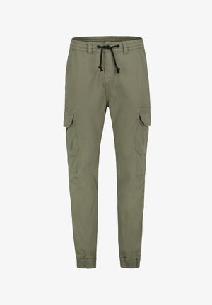 Olive green cargo pants made of lightweight fabric, featuring an elastic waistband, drawstring, and multiple side pockets.