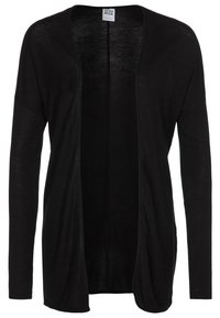 Czarny kardigan z otwartym przodem i długimi rękawami, wykonany z lekkiego materiału, charakteryzujący się drapowanym wzorem i brakiem zapięć. Prosty, uniwersalny styl.