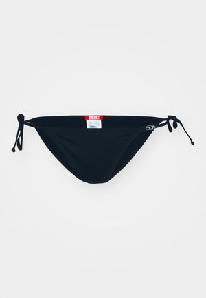 Black bikini bottom with adjustable side ties, made of soft fabric. Features a small logo detail on one side and a branded tag at the back.