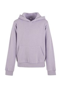 Lavendel bomullshoodie med kenguruficka, ribbad nederkant och ärmslut, samt huva med dragsko. Slät textur och avslappnad passform.