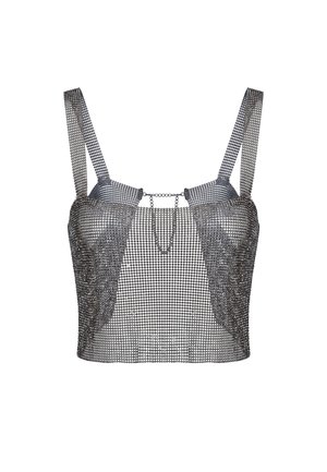 Sølv metal mesh crop top med tynde skulderstropper og kædedetalje foran, vist på hvid baggrund.