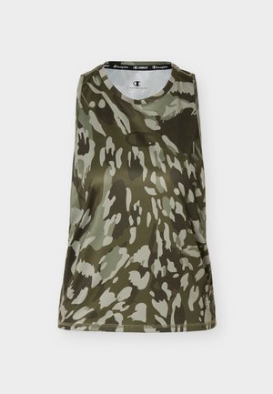 Ermeløs atletisk tanktop med grønt og brunt kamuflasjemønster og subtilt Champion-logo midt foran.