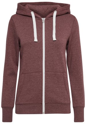 Bordeaux zip-up hættetrøje med en blød tekstur, hvide snore, forlommer og ribbede manchetter. Designet til komfort og afslappet brug.